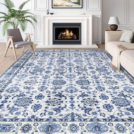 BLISSA Washable Area Rug 8x10 - Large Delft Blue Boho Rugs for Living Room Soft Vintage Oriental Floral Retro Carpet Stain Resistant Accent Rug for Bedroom Dining Room Under Table Home Office Decor
