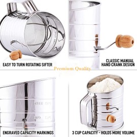 Zemensha Stainless Steel 3 Cups Flour Sifter for baking | Rotary Hand Crank Powdered sugar shaker and flour duster|