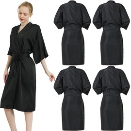 WUWEOT 4 Pack Salon Client Gown Robes Cape, Waterproof Hair Dye Cape, 43 Inch Long Black Soft Kimono Style Barber Smock for Hair Stylist with Adjustable Tie to Hair Cutting, Hair Coloring