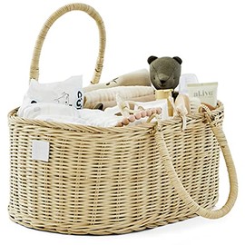 Bebe Bask - - Baby Diaper Caddy Organizer - - 100% Natural Organic Rattan & Cotton - - Handmade 16x11x7 inch Basket w Removable Divider for Baby Girl or Boy - - Vegan, Cruelty-Free