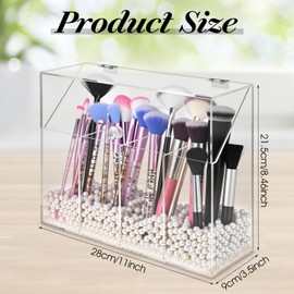 Clear Acrylic Makeup Organizers - 4 Compartment Acrylic Vanity Organizer with Dust Cover, Large Capacity Cosmetic Brush Storage Box for Brushes, Lipsticks & Makeup Tools (11"L x 3.5"W x 8.46"H)