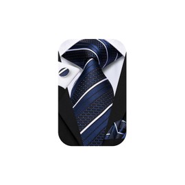 Hi-Tie Dark Blue White 70 inches Tie Set Striped XXL Formal Silk Extra Long Necktie Handkerchief Cufflinks for Big and Tall Men Business Wedding