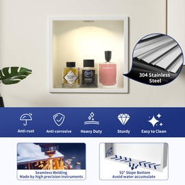 Bernkot Stainless Steel Shower Niche 12" X 12" White with Led Downlight Waterproof No Tile Needed Wall Niche for Bathroom Storage Over Mount Installation