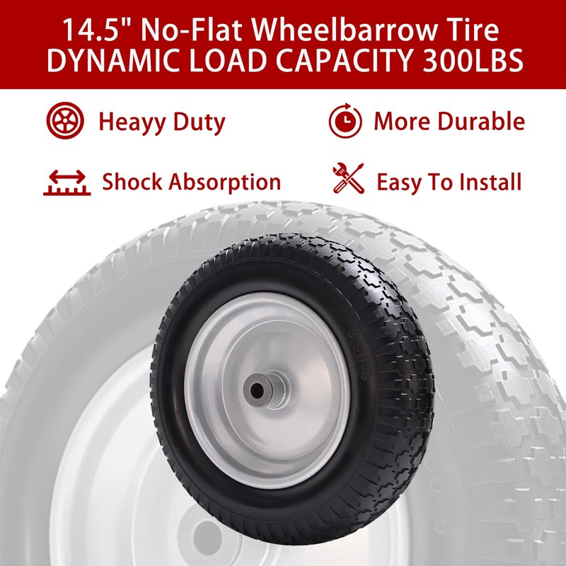 LTNICER 14.5" Wheelbarrow Tire, 3.50-8" Flat-free Solid Tire and Wheel