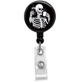 Skull Drinking Coffee Badge Reel,Retractable Name Card Badge Holder with Alligator Clip, Medical MD RN Nurse Badge ID,Office Employee Name Badge