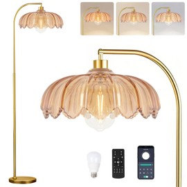 ILLMTW Gold Floor Lamp for Living Room,Bedroom,Mid Century Modern Standing Lamp with Remote,Dimmable Brass Tall Lamp Amber Glass Lamp Vintage Retro Arc Floor Lamps Flower Floor Light Boho Bohemian