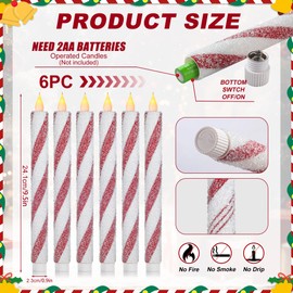 LCZLUMIPRO Christmas Flickering Flameless Taper Candles - 6PCS 9.5inch Glitter Candy Cane Stripes Battery Operated Real Wax Candles for Christmas Party Wedding Winter Home Decoration