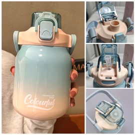 Insulated Kids Water Bottle for School or Travel,21oz Kids Stainless Steel Water Bottle with Straw,Lid, Carry Strap, Handle and Leak-Proof, Pop-Up Spout Cover (Light Blue)