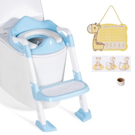 OHKIDS Potty Training Seat with Step Stool, Toddler Toilet Seat w/Ladder, Potty Training Chart, Splash Guard & Upgraded Non-Slip Pads, Kids Foldable Training Toilet Potty Chair for Boys Girls (Blue)