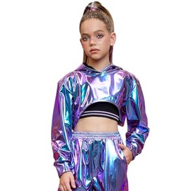 Perfashion crop tops for girls metallic long sleeve hip hop dance outfits kids 80s neon blue size 8 10
