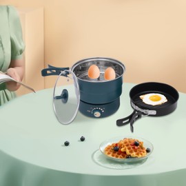 Portable Electric Hot Pot with Foldable Handles, Non-stick Frying Pan, Mini Hot Pot, Multi-Functional Noodle Cooker for Pasta, Steak with Power Adjustment