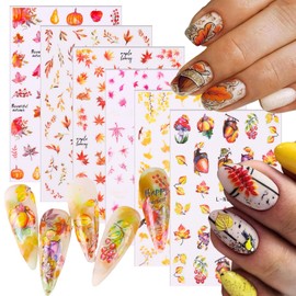 6 Sheets Thanksgiving Autumn Nail Art Sticker 3D Self-Adhesive Fall Maple Leaf Pumpkin Design Nail Decals Ginkgo Biloba Leaves Nail Art Sticker Decoration for Women Manicure Accessories Supplies