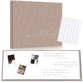 Wedding Guest Book With Clear Photo Corners Self Adhesive Stickers - Linen Photo Guestbook to Sign at Bridal Shower or Wedding Reception Party - 100 Pages - Half Blank and Lined Thick Paper Books