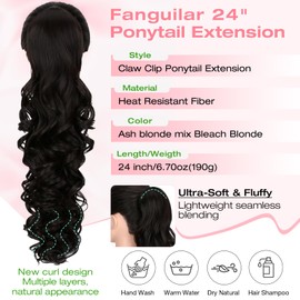 Fanguilar Ponytail Extension, 24" Claw Clip Ponytail Extension Long Curly Wavy Pony Tails Hair Extensions Synthetic Clip in Ponytail Hairpiece for Women Daily - Dark Brown