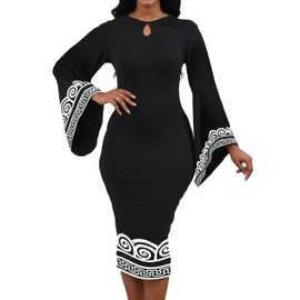 Oxgmoky Women's African Print Dress Church Dresses Work Business Bodycon Sleeve Round Neck Black White Pencil Dresses