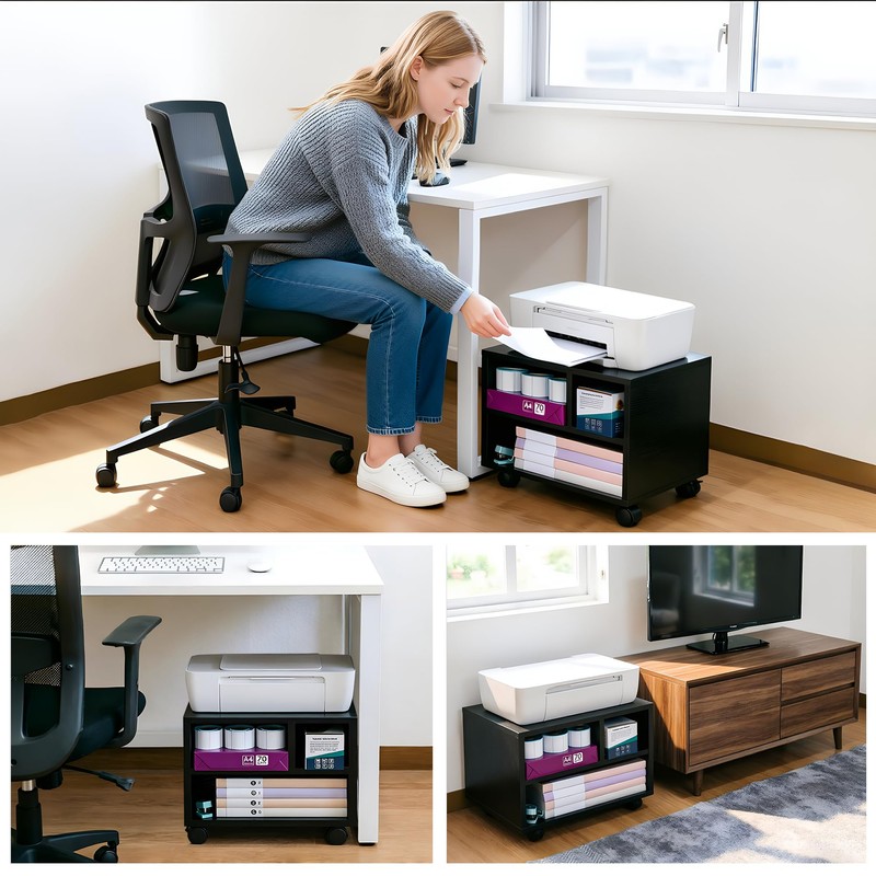 IBVIVIC Printer Stand with 3 Compartment, Under Desk Black Printer