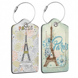2 Pack Funny Luggage Tags with for Suitcases, Vintage Eiffel Towe Paris PU Leather Luggage Tag Accessories Privacy Cover ID Label with Stainless Steel Loop for Travel Bag for Women Girls Teens