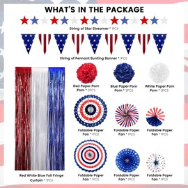 DECEED 4th of July Decorations Patriotic Decor American Flag Red White Blue Paper Fans Independence Day Star Streamer, Foil Fringe Curtain, Pom Poms, USA Pennant Bunting Party Decor Supplies