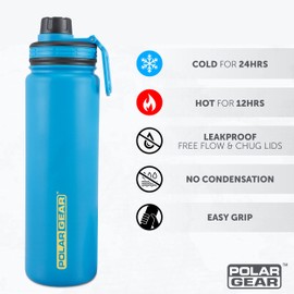Polar Gear Stainless Steel Water Bottle – Hydra Flow – Vacuum Insulated Metal Double Wall – 2 Lid Options – 12 Hours Hot 24 Hours Cold – Sports, Travel, Gym – Blue 700ml