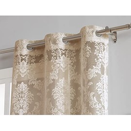 ASATEX Pair of 2 Short Length 38 (W) x 63 (L) Inch Golden Lace Window Curtain Panels with Beautiful Flower Embroidery and Grommet Top. Elegant Drapes for Kitchen or Living Room. LIS 38” x 63” Linen