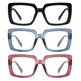bullabulling 3 Pack Square Reading Glasses for Women Oprah Style Spring Hinges Readers Oversize Blue Light Blocking Glasses (black/blue/red, 2, multiplier_x)