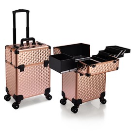 Beauty Rolling Makeup Train Case Cosmetic Trolley 4 Tray Sliding Rail Removable Middle Layer with Key Swivel Wheels Salon Barber Case Cosmetic Organizer Storage Large Travel Case - Rose Gold Diamond