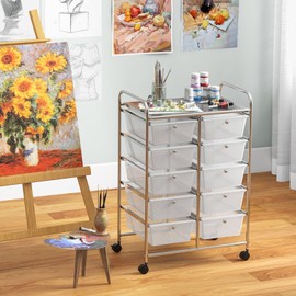 Giantex 10 Drawers Rolling Cart, Classroom Organizers, Storage Cart with Wheels, for Teacher Office Home School Supplies Tool Craft Art Paper, Clear White