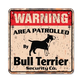 Bull Terrier Vintage Security Sign Area Patrolled pet Dog Lover Puppy Vet Breeder Leash Gift Rigid Plastic | Indoor/Outdoor | 14" Wide