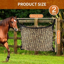 Hay Nets for Horses，2 Pieces of Knotless Slow Feeding Hay Nets with 4 Horse Hook Clips, Large Capacity Open Top Hanging Hay Bags for Horses(Black, 2PC)