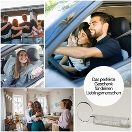 Keyring Car – Drive Carefully Keyring with Engraving – Ich brauche dich fahr vorsichtig – Keyring for Partner – Lucky Charm Car – Motorcycle Lucky Charm, transparent