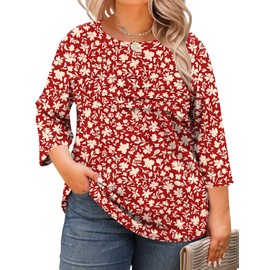 LOMON Summer Tops for Women 3/4 Length Sleeve Ladies Summer Tops Round Neck Spring Outfits for Women 2025 Red Yellow Floral 3XL
