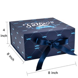 WRAPAHOLIC 1 Pcs 8x8x4 Inches Happy Father's Day Lettering Gift Box with Satin Ribbon, Collapsible Gift Box with Magnetic Closure and 2 Pcs White Tissue Paper