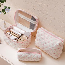 HBselect Quilted Makeup Bag, 3PCS Cotton Large Travel Makeup Bag, Cute Floral Coquette Make up Bag Cosmetic Bag Toiletry Bag for Women Girls