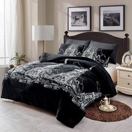 3 Piece Modern & Contemporary Fleece Sherpa Comforter Set King Size Allover Eiffel Tower Motifs Print Black White Hues Diamond Quilted Fluffy Comfy Soft Luxury All Seasons Down Alternative Comforter