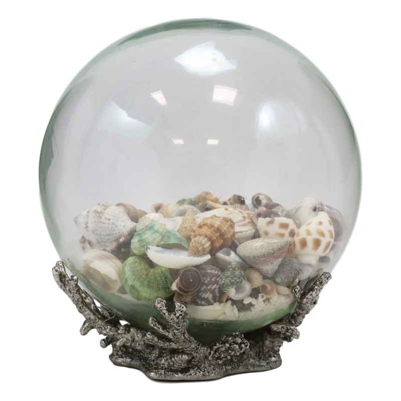 Nautical Marine Sea Shells Glass Globe Ball On Silver Coral