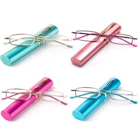 anteojos de lectura ultra delgadas y compactas unisex con clip de bolsillo portátil de aluminio, Paquete de 4 – azul suave, rosa, verde azulado y rosa fuerte., Talla unica
