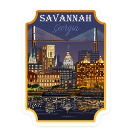 Die Cut Sticker Savannah, Georgia, City at Night, Contour Vinyl Sticker 1 to 3 inches (Waterproof Decal for Cars, Water Bottles, Laptops, Coolers), Small