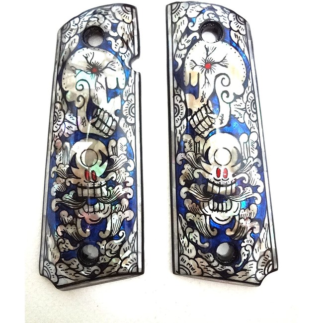 Sri Lanna Mother of Pearl Inlay 1911 Grips Blue Skull Fit with Colt S&W Kimber Springfield