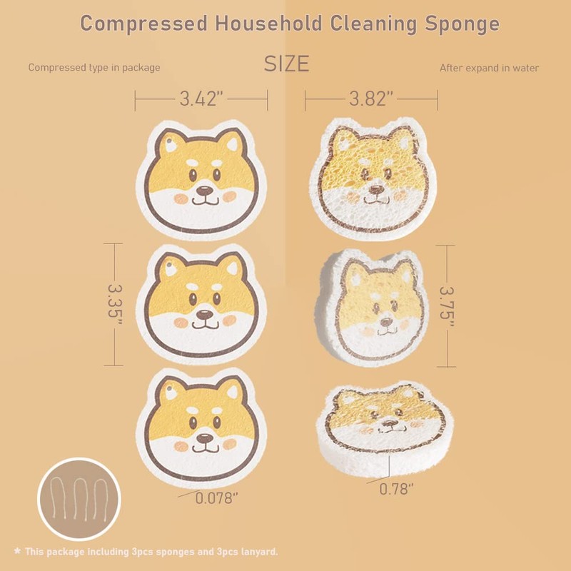 Vilphel Smile Dog Compressed Cellulose Kitchen Sponges 3 Counts Reusable