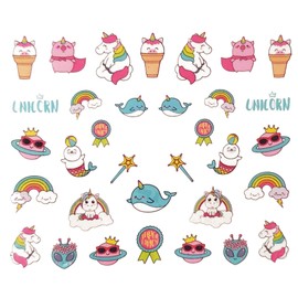 Lot of 5 sheet Unicorn Inspired Water Decals for Fingernail art nail Art Rainbow Ice Cream Hearts Cupcakes Alien Cactus Flamingo