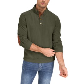 ONLYSTORY Mens Fleece Corduroy Sweatshirt with Elbow Patches Long Sleeve Stand Collar 1/4 Button Thermal Pullover Casual Polo Heavyweight Sweaters Army Green, M