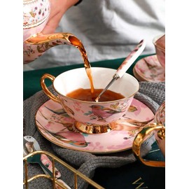 Eplze® YBK Tech Euro Style Cup& Saucer Set, Bone China Teacup Coffee Cup for Breakfast Home Kitchen- Birds and Trees Patterns (Light Pink)