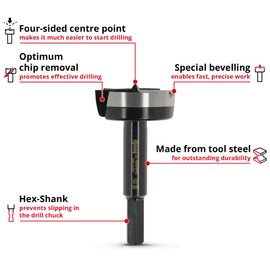 kwb Forstner Bit, Ø 45 mm, Cup Drill Bit (for Wood, Forged Drill Head, Special Grinding, Fast, Tear-Free Drill Holes, 4-Sided Ground Centre Point, Durable, for Cordless Screwdrivers & Drills)
