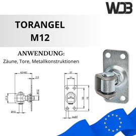 WDB - Heavy Duty Hinges - Gate Rod Adjustable M12 - Adjustable Gate Hinge M12 with Rectangular Base Plate - Galvanised Steel - Set of 2