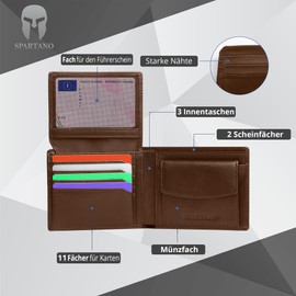 SPARTANO Mens RFID Blocking Wallet with Coin Pocket Wallet with 11 Credit Card Pocket and 2 Bills, brown, Classic