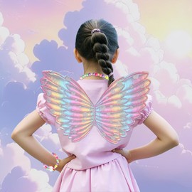 Fairy Wings Kids, 6Pcs Fairy Costume for Girls with Butterfly Wings, Fairy Wand, Pink Tutu, Crown Hair Band, Unicorn Necklace, Bracelet, Fairy Wings and Wand Fancy Dresses for Girls Age 3-6, Pink