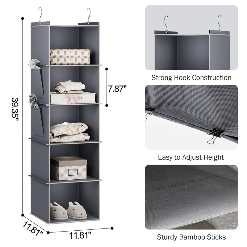 YOUDENOVA Hanging Closet Organizer, 5-Shelf Closet Hanging Storage Shelves, Grey
