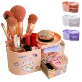 Kawaii Stationery Storage Box Makeup Organizer with 2 Drawers, Kawaii Pen Organizer with Stickers DIY Fun, Desk Organizers and Accessories with 5 Compartments for Teen Girls Office Art Supplie