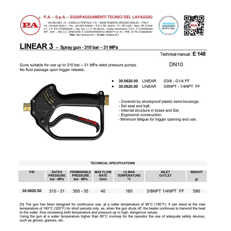 P.A. Linear 3: Horizontal Power Washer Spray Gun with SW6