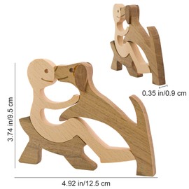 Enkrio Wooden Dog Figurines Hand Carved Wood Dog Human Sculpture Statue Handmade Accents Crafts Wooden Adorn Standing Tabletop Decoration Ornament for Home Decor